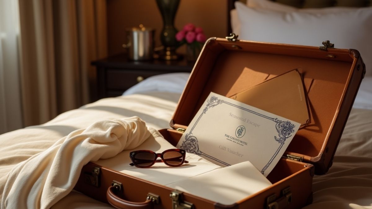 Elegant suitcase with County voucher and warm morning light