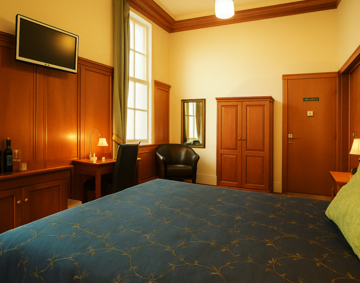 Classic Double Room at The County Hotel Napier with elegant period furnishings, a plush double bed, and modern amenities in a heritage boutique setting.